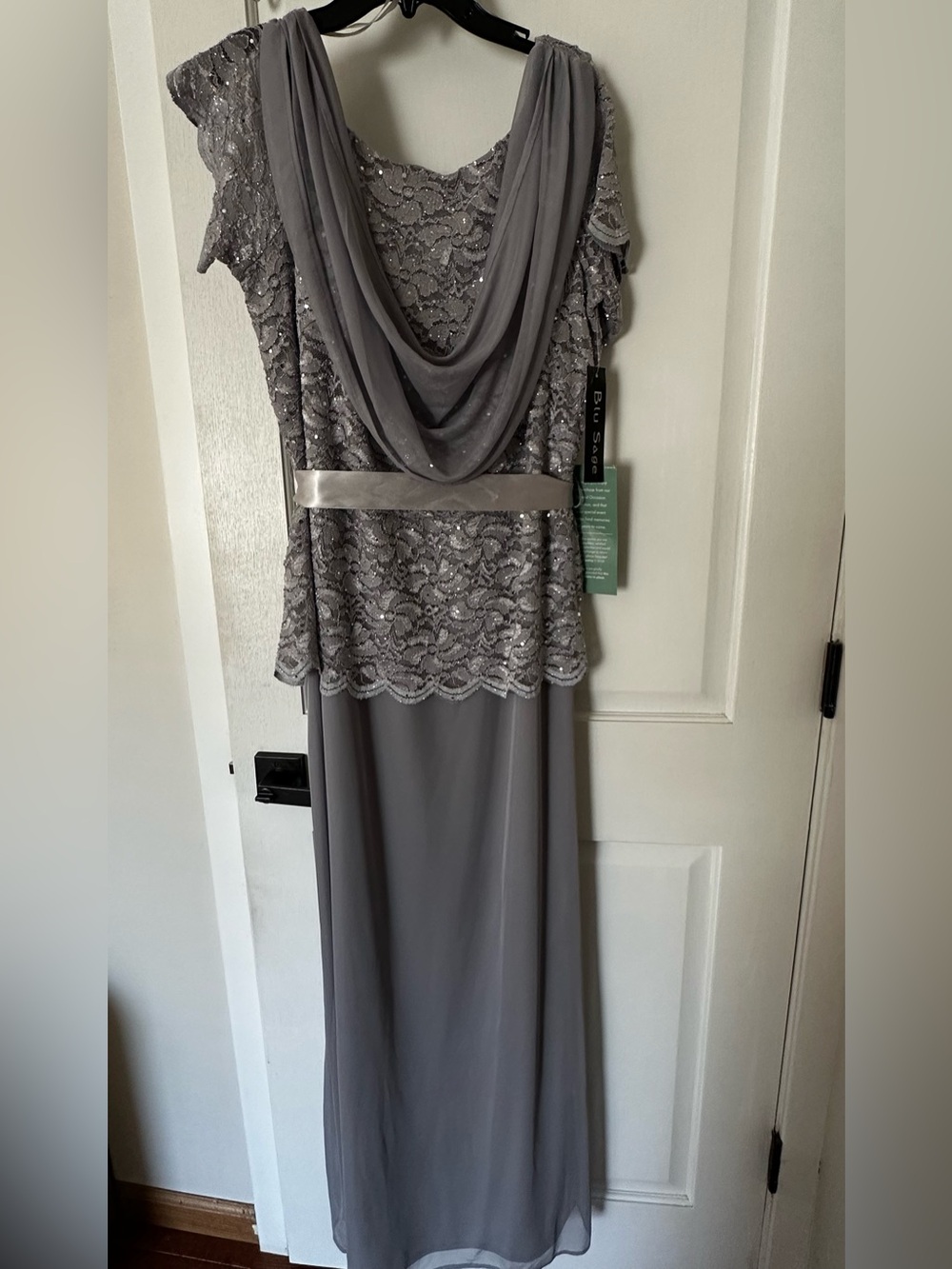 Blu Sage Silver-Gray Lace Overlay Evening Gown
